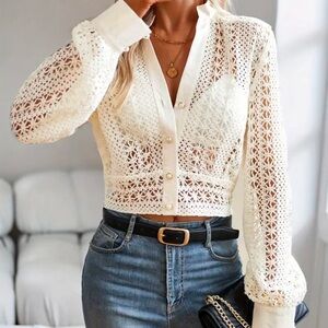 Crochet Button Front Crop Blouse Long Sleeve Notch Neck Top XL